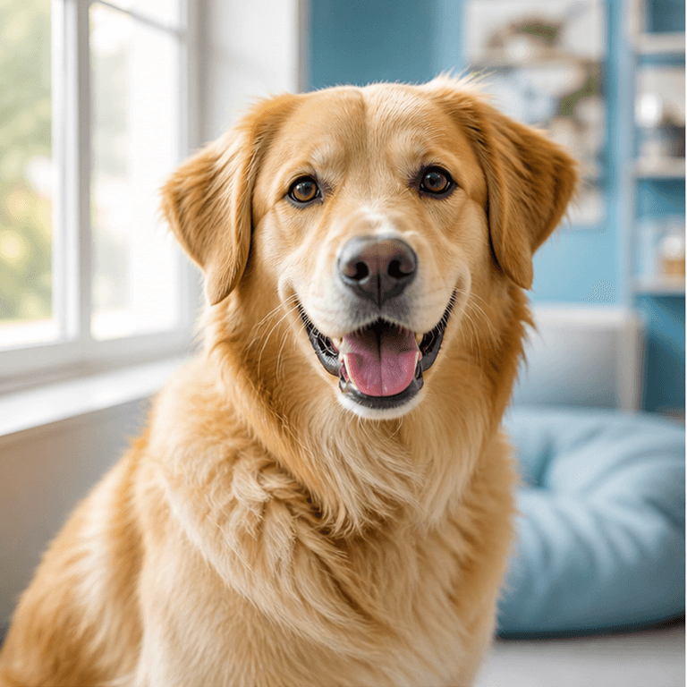 Happy adoptable dog in a warm sunlit welfare room