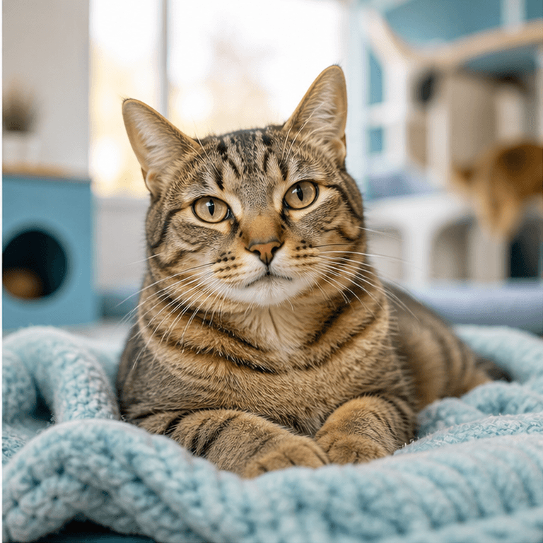 Calm adoptable cat in a bright cozy adoption room