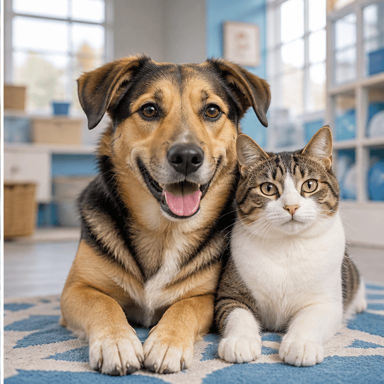 Friendly dog and cat together in a welcoming pet welfare center