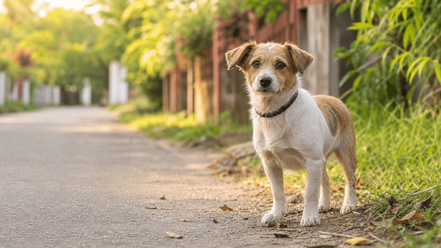 Small found dog standing on a quiet neighborhood lane