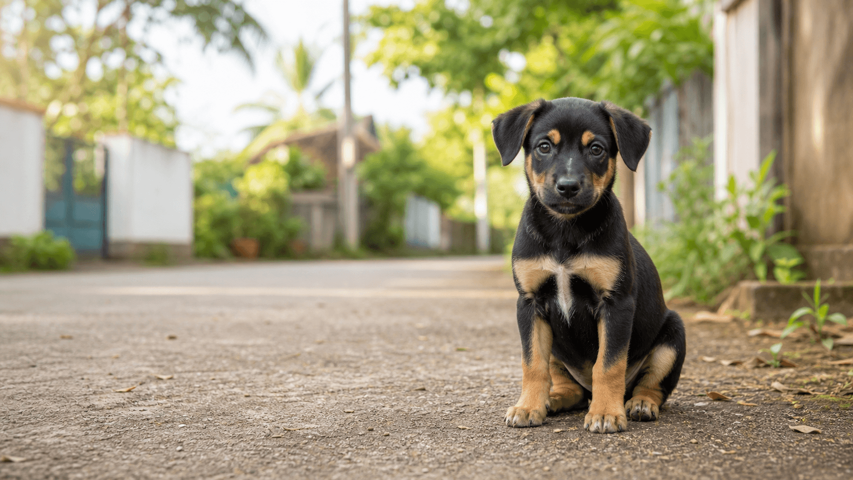 Black-and-tan puppy sitting on a leafy lane