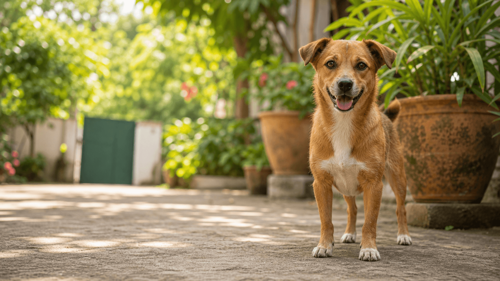 Small rescued brown dog standing in a leafy courtyard